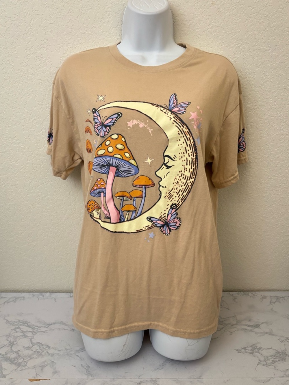 Orange Kiss Butterfly Graphic Womens S Y2K Babydoll Top Tan Moon Mushroom